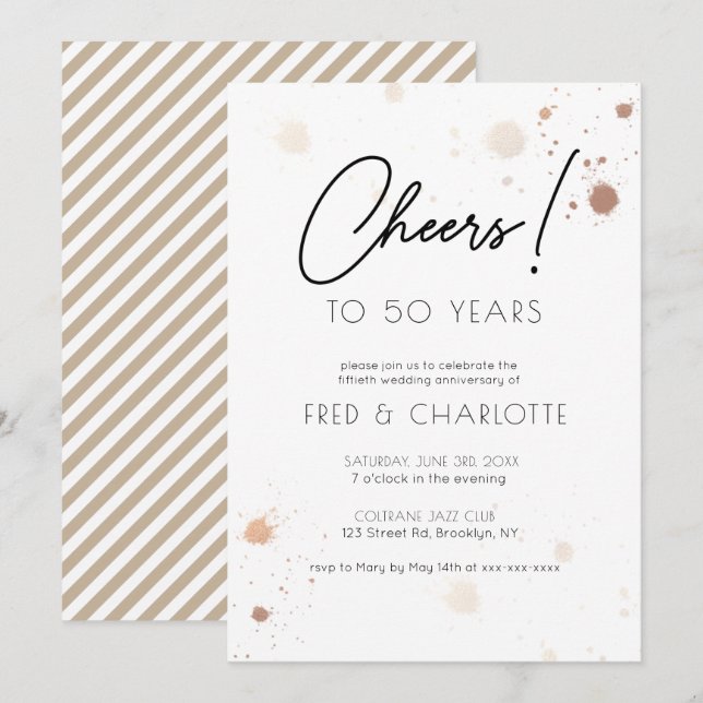 Invitation Toute année Gold Aquarelle 50e Anniversaire Fête e (Devant / Derrière)