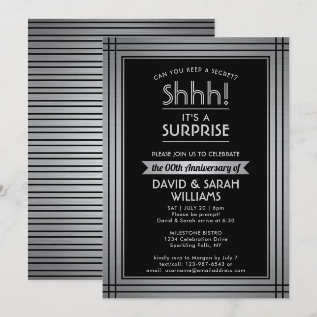 Invitation TOUTE ANNÉE Surprise Anniversaire Élégant Argent N (Devant / Derrière)