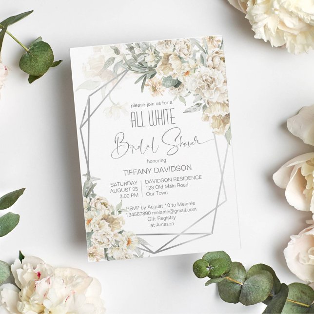 Invitation Toute blanche nuptiale douche cadre argenté (All white bridal shower invitation white flowers white sage silver geometrical frame white themed)