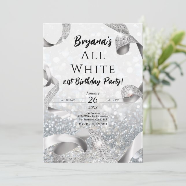 Invitation Toute cette Parties scintillant Silver & White Bir (Debout devant)