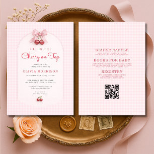 Invitation Toute en Un Cerise sur le Haut Nœud Fête de Bébé