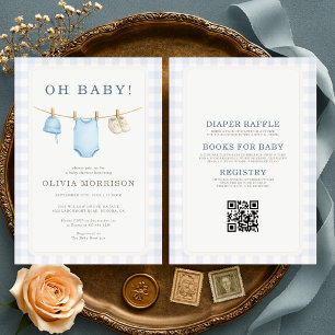 Invitation Toute en une Oh Bébé Bleu Gingham Fête de Naissanc