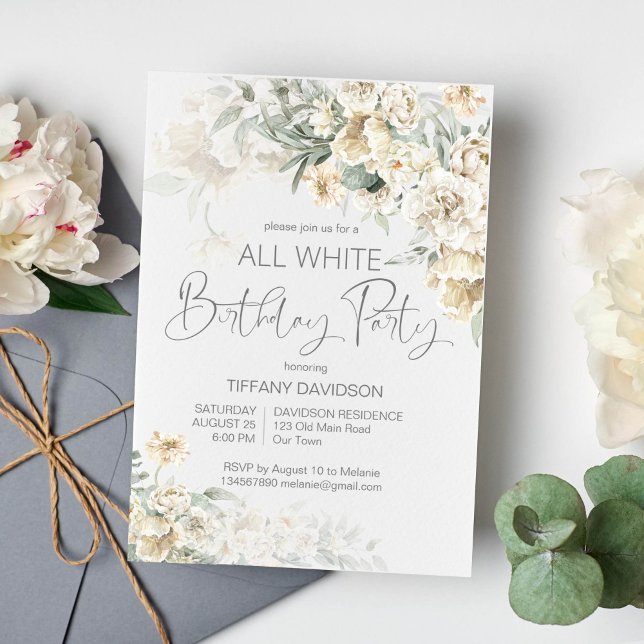 Invitation Toute fête d'anniversaire blanc argent blanc flora (All white birthday party floral invitation template silver sage white flowers invite)