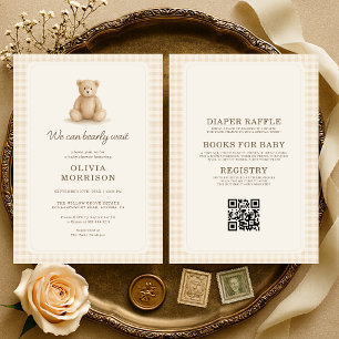 Invitation Toute la fête ours à peine attendre Gingham bébé n