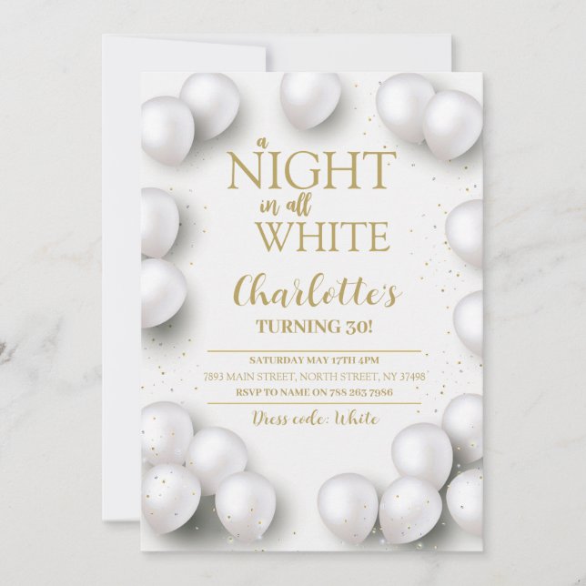 Invitation Toute White Anniversaire Fête Une Nuit En Tout Bla (Devant)