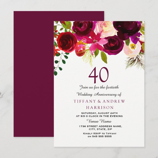 Invitation Toutes Années Bourgogne Floral 40e Anniversaire de (Devant / Derrière)