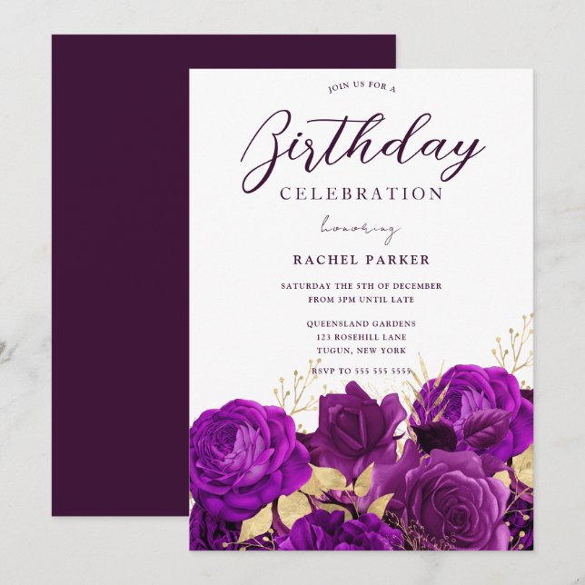Invitation Toutes les années Anniversaire Fête Purple & Or Fl (Devant / Derrière)