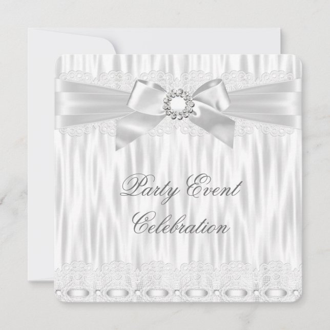 Invitation Toutes les Occasions Argent Blanc Dentelle Bow Élé (Devant)