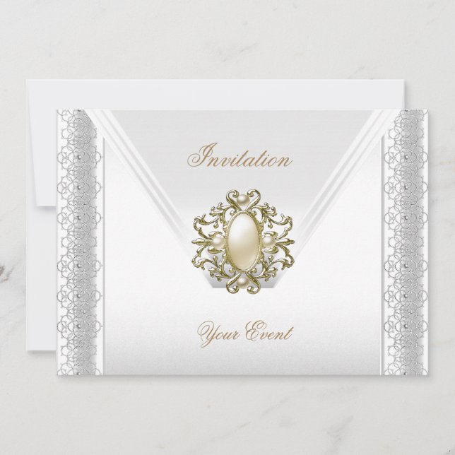 Invitation Toutes les Occasions Élégante Soie Blanc Perle Bij (Devant)