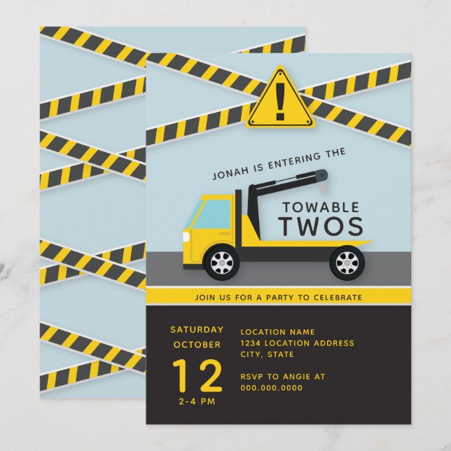 Invitation Towable Twos // Construction Deuxième anniversaire (Devant / Derrière)