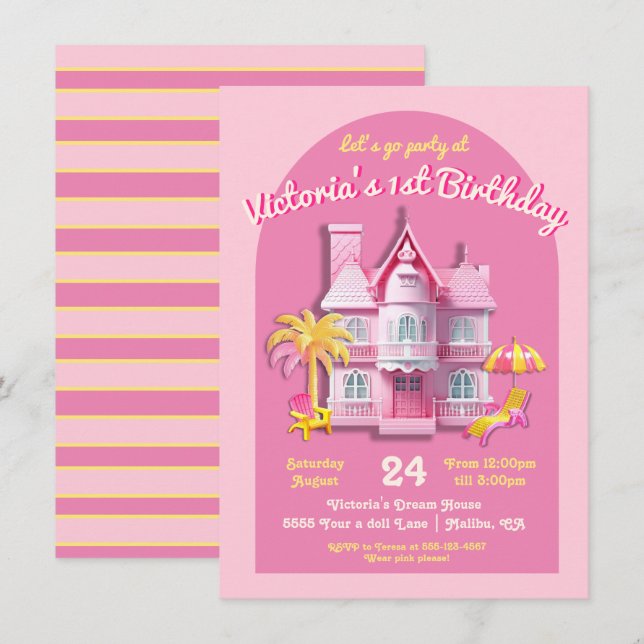 Invitation Toy Dream Doll House Rose Anniversaire (Devant / Derrière)