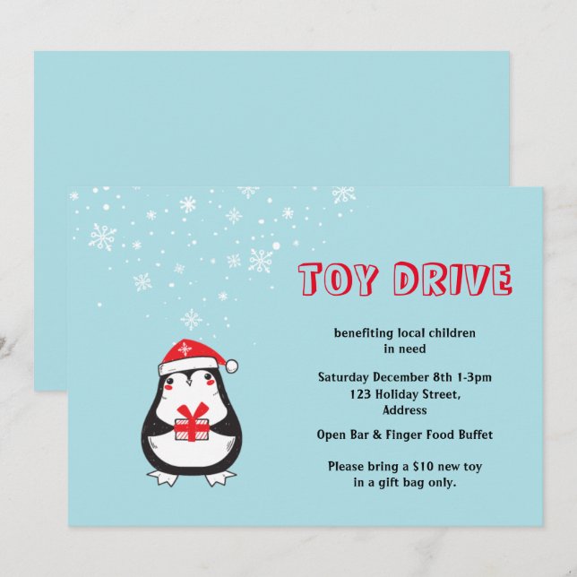 Invitation Toy Drive Cute Père Noël Penguin (Devant / Derrière)