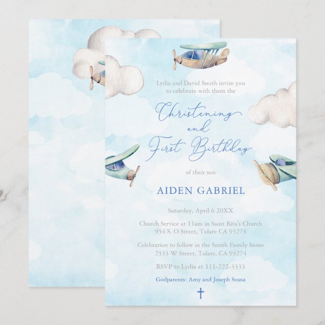 Invitation Toy Plane Garçon Christening 1ère fête d'anniversa (Devant / Derrière)