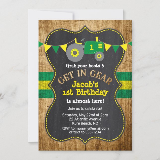 Invitation Tracteur 1er anniversaire Boy Party Vert Jaune (Devant)