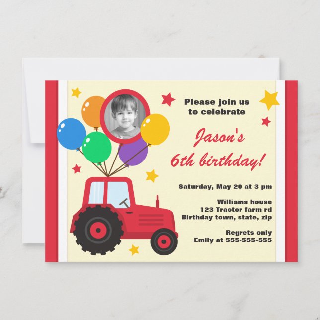 Invitation Tracteur agricole avec ballons photo anniversaire  (Devant)
