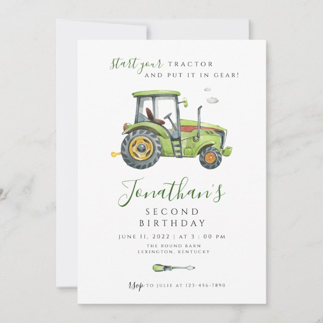 Invitation Tracteur Anniversaire moderne minimaliste (Devant)