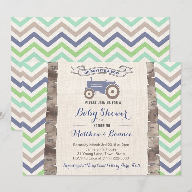 Invitation Tracteur avec Baby shower Chevrons pour garçon (Devant / Derrière)