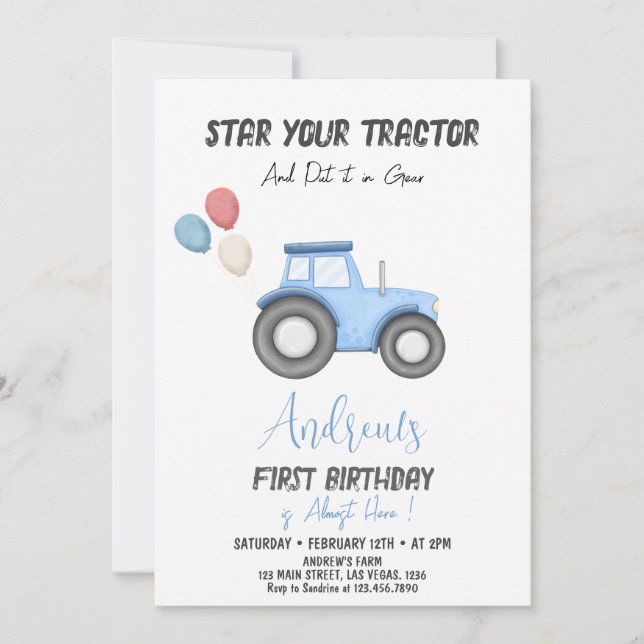 Invitation Tracteur bleu, tout âge, anniversaire (Devant)
