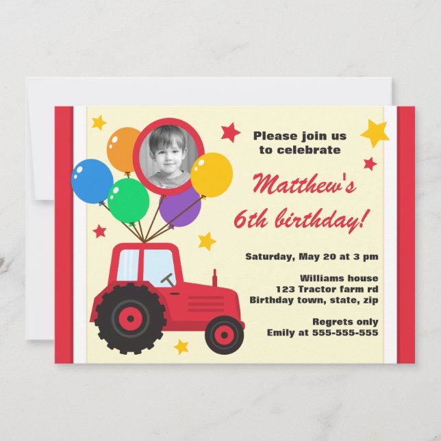 Invitation Tracteur de ferme avec la photo d'anniversaire de (Devant)