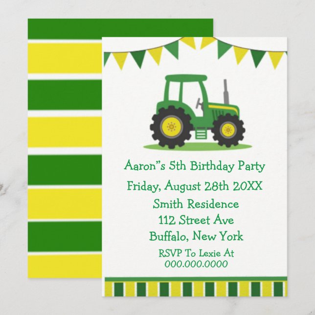 Invitation Tracteur jaune vert tendance Boy Fête d'anniversai (Devant / Derrière)