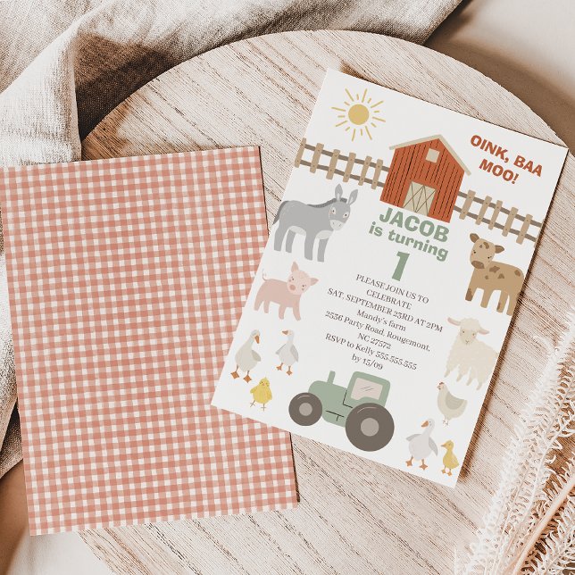 Invitation Tracteur moderne Oink Baa Moo 1ère ferme Anniversa (Modern green tractor farm themed first birthday invitation featuring various farm animals.)