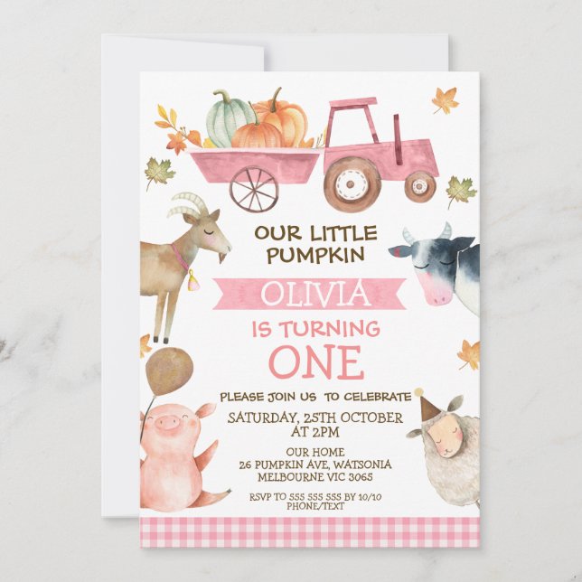 Invitation Tracteur rose Citrouille Et Animaux De Ferme 1er A (Devant)