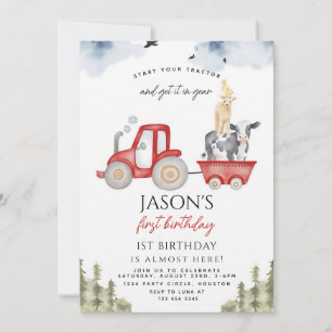 Invitation Tracteur rouge de la cour de ferme pour 1er annive
