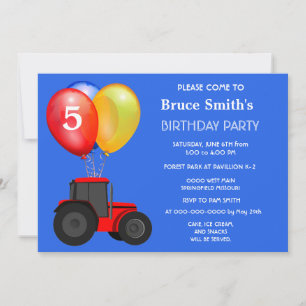 Invitation Tracteur rouge et ballons pour garçon d'anniversai