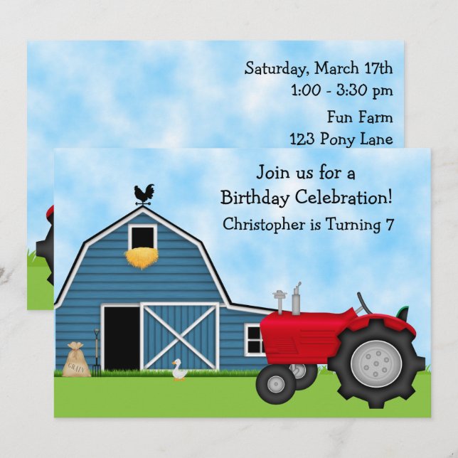 Invitation Tracteur rouge mignon et ferme à grange bleue fête (Devant / Derrière)