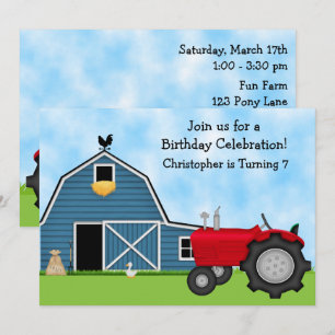 Invitation Tracteur rouge mignon et ferme à grange bleue fête