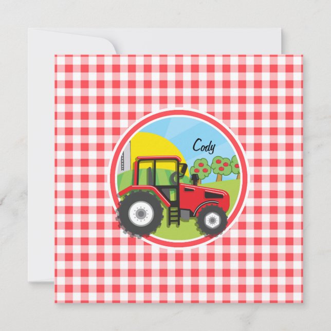 Invitation Tracteur rouge sur En vichy rouge et blanc (Devant)