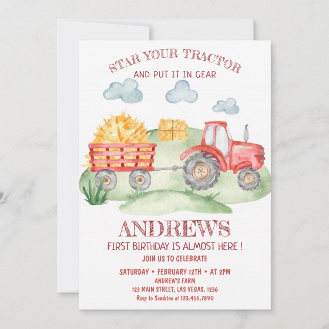 Invitation Tracteur rouge, tout âge, anniversaire (Devant)