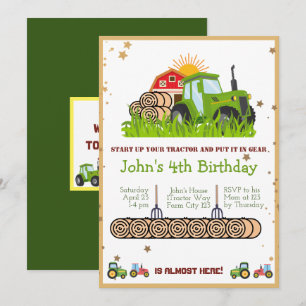 Invitation Tracteur vert   Boys Thématique fête d'anniversair