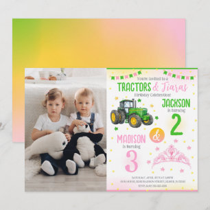 Invitation Tracteur Vert et Princesse Frères et Soeurs Annive