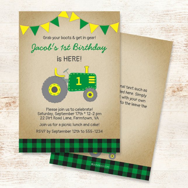 Invitation Tracteur vintage vert Plaid Anniversaire (Créateur téléchargé)