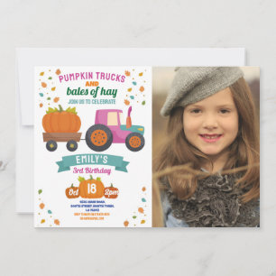 Invitation Tracteurs Citrouille rose fête d'anniversaire fill