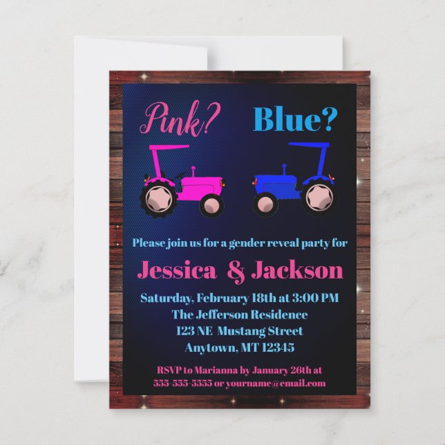 Invitation Tracteurs "rose ou bleu" Style agricole (Devant)