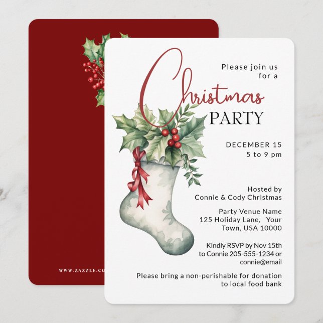 Invitation Traditional Holiday Stocking CHRISTMAS PARTY (Devant / Derrière)