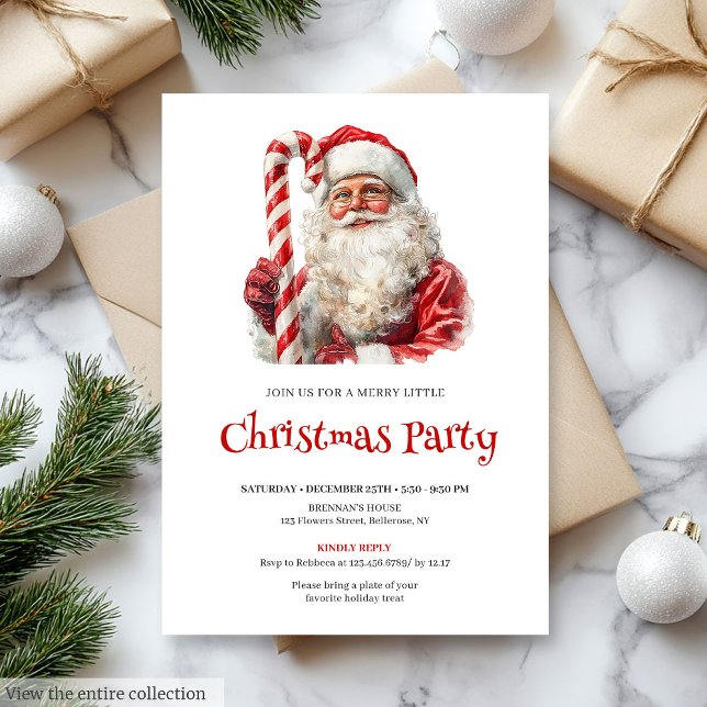 Invitation Traditional Santa Watercolor Christmas Dinner  (Traditional Santa Watercolor Christmas Dinner Invite)