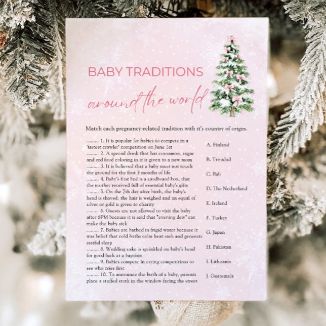 Invitation Traditions de Noël des bébés dans le monde Jeu (Pink Bow Christmas Baby Traditions Around The World Game)
