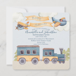 Invitation Train Aquarelle et Avions Bébé Garçon Bleu