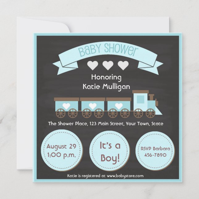 Invitation Train Bleu, Chalkboard, Baby shower garçon (Devant)