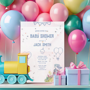 Invitation Train Blue Balloons garçon Baby shower Whimsical