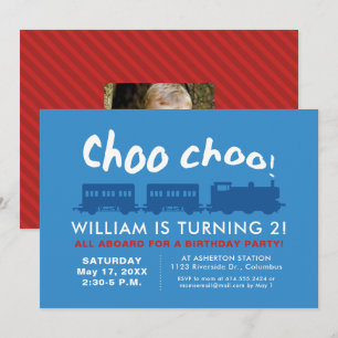 Invitation Train choo choo bleu rouge anniversaire enfants