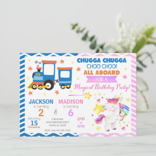 Invitation Train Choo Choo & Licorne Anniversaire Commun