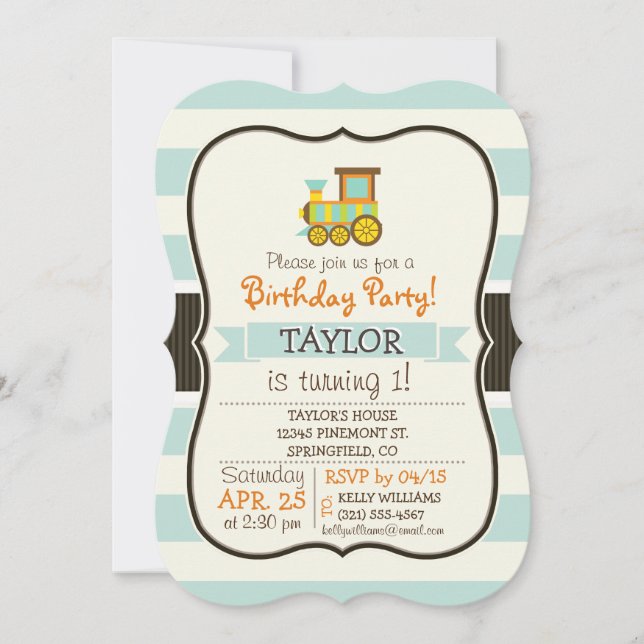 Invitation Train de jouets; Brown, Orange, Jaune, Turquoise,  (Devant)
