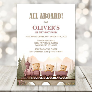 Invitation Train d'ours en peluche mignon pour 1er anniversai