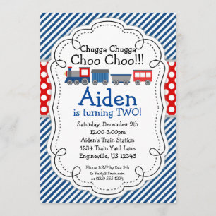 Invitation Train Engine, Blue Stripes Red Polka Point Anniver