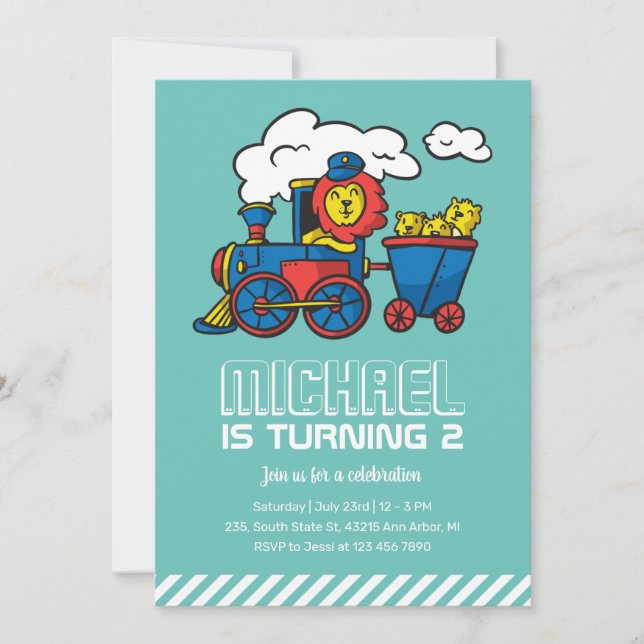 Invitation Train Lion Cute Enfants Garçons Anniversaire (Devant)