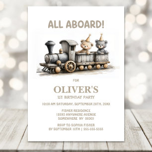 Invitation Train Teddy Bear en Bois Rustique pour 1er Anniver